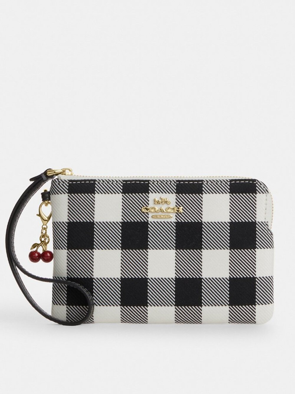 Coach Corner Zip Wristlet With Gingham Print And Charm
